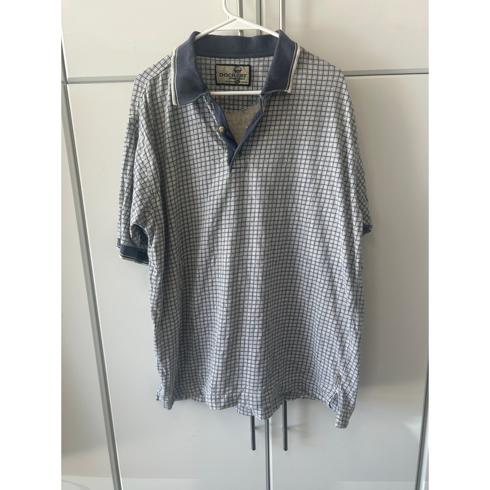 Dockers Khakiware Mens XL Blue White Grid Plaid Short Sleeve Polo Shirt Cotton‎